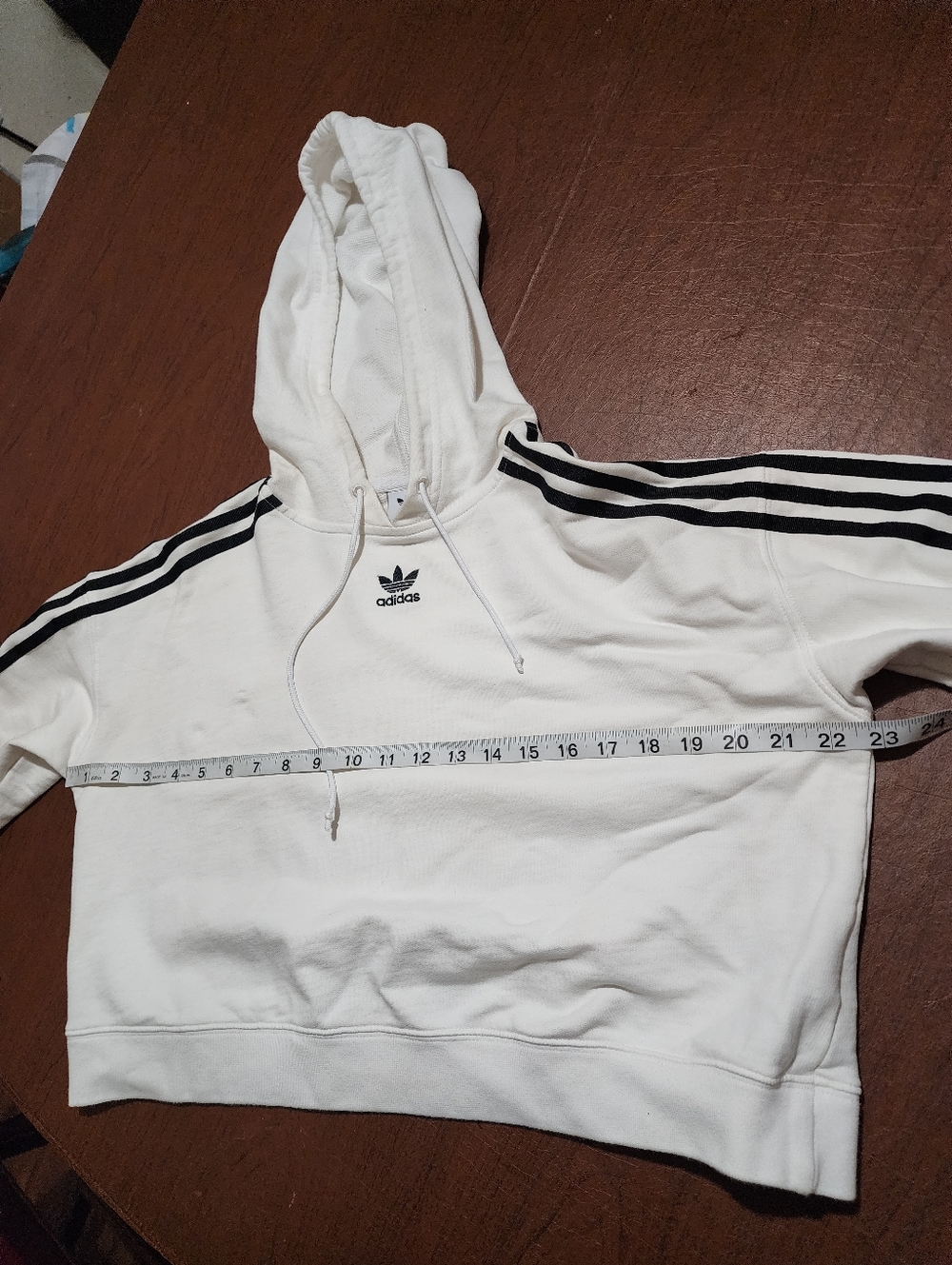 Adidas White Cropped Hoodie with Black 3-Stripes - Picture 3 of 10